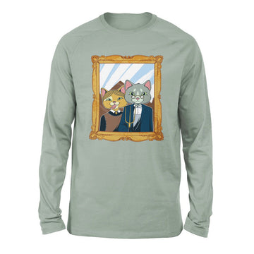 American Gothic Cats Men/Unisex Drop Shoulder Sweatshirt in Dusty Blue color